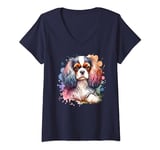 Womens English Toy Spaniel Dog Watercolor Artwork V-Neck T-Shirt