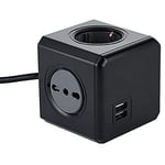 Electraline 62099 Multiprise Cube Powercube 4 Places avec 2 USB 2.1A, 2 Schuko + fiche Italienne, 2 bivalentes 10/16 Italiennes, Couleur Noir, câble 1,5 m