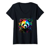 Womens Rainbow DJ Panda Headphones Music V-Neck T-Shirt