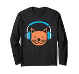 Funny Pixel Art Cat With Headphones Long Sleeve T-Shirt