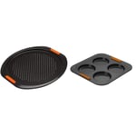 Le Creuset Toughened Non-Stick Bakeware Pizza Pan, Black, 38.7 x 36.7 x 1.2 cm & Toughened Non -Stick Bakeware 4 Cup Yorkshire Pudding Tray
