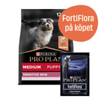 Medium Puppy Sensitive Skin Salmon + 7-pack FortiFlora - Torrfoder 12 kg + 7-pack FortiFlora