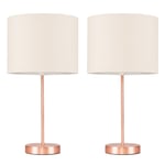 Pair of - Modern Standard Table Lamps in a Copper Metal Finish with a Beige Cylinder Shade - Complete with 4w LED Candle Bulbs [3000K Warm White]