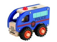 Politibus i træ med gummihjul/ Polisbuss i trä med gummihjul