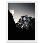 Moonrise by Half Dome in Yosemite National Park High Contrast Black White Photograph Full Moon and Mountain Forest Landscape Artwork Framed Wall Art P