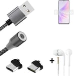Magnetic charging cable + earphones for Oppo A77 5G + USB type C a. Micro-USB