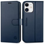 SHIELDON iPhone 12 Mini Case, iPhone 12 Mini Genuine Leather Wallet Flip Magnetic Cover with RFID Blocking, Kickstand, Card Slots, TPU Shell, Folio Case Compatible with iPhone 12 Mini, 5.4", Navy Blue
