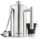 VonShef French Press Coffee Maker Brushed Stainless Steel 975ml Coffee Tea Press Double Walled Cafetiere with Spoon and Filter, Silver