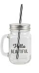 Sass & Belle Hello Beautiful Drinking Jar With Black White Straw Glass Mason Box