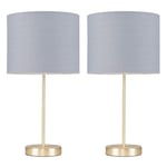 Pair of - Modern Standard Table Lamps in a Gold Metal Finish with a Grey Cylinder Shade - Complete with 4w LED Candle Bulbs [3000K Warm White]