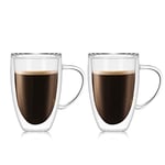 Double Wall Glasses Mugs Set of 2, Insulated Borosilicate Glass Cups for Tea, Coffee, Latte, Cappuccino, Espresso, 450ml/15.2oz