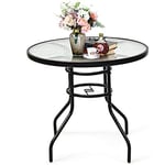 GOPLUS Table de Jardin Extérieur, Table à Manger de Jardin, Table Ronde avec Plateau en Verre Trempé et Trou de Parasol, Idéal pour Terrasse, Balcon, Bistro, Cour (Rond)