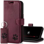SURAZO Protective Phone Case For Apple iPhone 15 Pro Case - Genuine Leather RFID Wallet with Card Holder, Magnetic Closure, Stand - Flip Cover Full Body Casing Screen Protector (Burgundy & Paw)