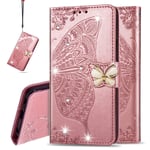 IMEIKONST Compatible with OPPO Realme 8 Pro Wallet Case, Diamond Embossed Premium PU Leather Case with Card Slot Magnetic Closure Flip Stand Cover for OPPO Realme 8 Pro. Cystal Butterfly Rose Gold SD