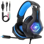 Gaming Headset for PS4 Xbox One Headset with Mic, Stereo Surround Sound Noise Canceling Deep Bass LED Light, Wired Over Ear Gaming Headphones for PC iPad Laptop（BLUE）