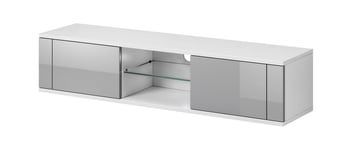 Modern TV-bänk för vardagsrum - väggfäste för säkerhet, självmontering, vit/grå glans, postformad MDF-skiva, 140x30,5x36 cm