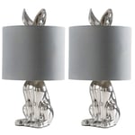MiniSun Pair of Modern Chrome Ceramic Rabbit / Hare Table Lamps with a Grey Shade - Complete with 4w LED Bulbs [3000K Warm White]