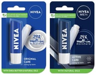 2 X Nivea Lip Balm SPF Fruity Hydrate Protect, Original Care & Active Care, 4.8g