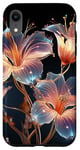 Coque pour iPhone XR Jolie fleur transparente bleue et rose avec lumières