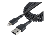 StarTech.com 50 cm USB till Lightning-kabel, MFi-certifierad, iPhone-laddarkabel, svart, TPE-mantel med slitstark aramidfiber, kraftig Lightning-spiralkabel - Lightning-kabel - USB hane till Lightning hane - 50 cm - svart - lindad