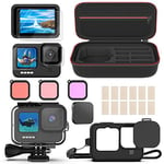 Kuptone Accessories Set for GoPro Hero 9, Shockproof Small Bag + Waterproof Housing Case + Tempered Glass Screen Protector + Silicone Cover Bundle for GoPro Hero 9 Black