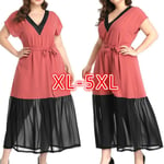 Fashion Women Mesh Patchwork Dress Summer Short Darkpink 2xl