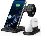 4 in 1 Wireless Charger with Small Night Light, Intelligent Fast Wireless Charging Stand Dock for Mobile Phone/Apple Watch/TWS Bluetooth Headset, (Black)