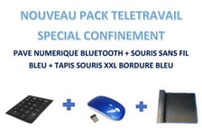PACK télétravail de la marque Cabling avec souris sans fil bleu + tapis de souris XXL noir et bleu+ pavé numérique sans fil SPÉCIAL CONFINEMENT