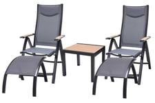 Lifestyle Garden Panama kafésett Svart/grå/treutseende 2 stillbare stoler, 2 fotpaller & bord 50x50 cm
