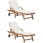 Helloshop26 - Lot de 2 transats chaise longue bain de soleil lit de jardin terrasse meuble d'extérieur avec coussins bois de teck solide crème
