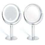 SA Products Double-Sided LED Mirror - Lit & Magnified Desk Bathroom Dressing Table Vanity Cosmetic Accessories - 360° Swivel, 5x Magnification - Vintage Circle Design, Portable & Compact Size (Silver)