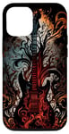 Coque pour iPhone 12/12 Pro Guitare électrique Band Rock rouge flammes feu et fumée