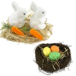 SRV HUB® Pack of 2 Rabbits with Carrots and Easter Eggs Nest, DIY Easter Decoration House Garden Accessories Set Easter Artificial Grass, Easter Nest Eggs for Easter Spring Garden