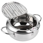 Fryer Frying Pot Japanese Style Mini Stainless Steel Tempura Fryer with Thermometer Lid and Oil Drip Drainer Rack for Kitchen French Fries, Fish and Crispy Meat (L 24cm/9.45'')