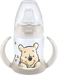 NUK, First Choice+ Biberon d'apprentissage Disney Winnie l'ourson, pour 6 à 18 mois, avec contrôle de la température, 150 ml, valve anti-colique, bec anti-fuite, poignées ergonomiques, sans BPA, bleu,
