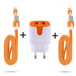 Pack Pour Manette Playstation 4 Ps4 Micro-Usb (2 Cables Chargeur Noodle + Double Prise Couleur Secteur) Android - Orange