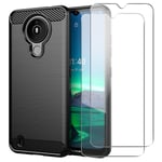 Case for Nokia 1.4.Noir Brushed Rugged Soft TPU Gel Silicone [Anti-Scratch] [Anti-Fall] Protective Cover with Two Tempered Glass Screen Protector Film for Nokia 1.4 (6.52 Inch)