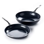 GreenPan Brussels 28cm Nonstick Sauté Pan with Lid and Wok, 2-Piece Set, 100% ToxinFree, Healthy Ceramic, Metal Utensil/Induction/Dishwasher/OvenSafe, Black