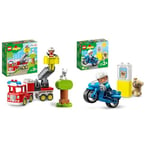 LEGO 10969 Duplo Town Le Camion de Pompiers, Jouet de Construction, avec Lumières & 10967 Duplo La Moto De Police, Jouet pour Les Enfants de 2 Ans et Plus, avec Figurine de Policier, Développement