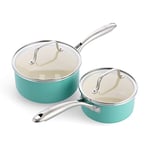 GreenLife Artizan Healthy Ceramic Non-Stick 14cm/1l and 18 cm/2l Saucepan Pot Set with Lids, Stainless Steel Handle, Induction, PFAS-Free, Oven Safe, Turquoise