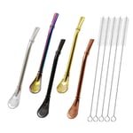 Stainless Steel Straw Filter Spoon, Yerba Mate Bombilla, Loose Leaf Tea Strainer, Tea Straw for Drinking Coffee, Cocktail, Pack of 5 with Cleaning Brush (5 Colors)
