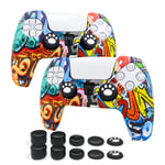 PS5 Controller skin 2 Pack, 6amLifestyle Anti-slip Silicone Gamepad Cover Skin Case for PlayStation 5 Controller with Water Transfer Printing Design + Analog Thumb Grips Caps×10 (Anime Style)