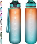 NAVTUE 1L Water Bottle with Straw, Sports Drinks Bottle with Time Markings, Lea