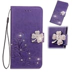 Samsung Galaxy A21S Case, Glitter Diamonds Embossed Lucky Clover Flip Folio Shockproof PU Leather Wallet Phone Cover with TPU Bumper Card Holder Magnetic Stand Protective Case for Samsung A21S Purple