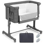 FANTASK Lit bébé 3 en 1, berceau et lit de voyage, lit d'appoint réglable en hauteur sur 5 niveaux, inclinaison à 10 °, lit d'enfant avec matelas, sac de transport, landau pour bébé jusqu'à 9 kg (gris