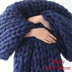Arm Knitted Blanket Merino Wool Throw Iceland Thick Yarn Navy 120x150cm