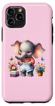 Coque pour iPhone 11 Pro Bébé éléphant rose en tenue, fleurs et papillons