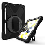 QYiD Case for New iPad 10.2 2019 Case, iPad 7th Generation Case with Screen Protector, Heavy Duty Shockproof Protective Cover with pencil holder, Rotatable Kickstand, Shoulder Belt, Black
