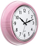 Bernhard Products Horloge murale rétro rose de 24,1 cm, design vintage des années 50, ronde, silencieuse, sans tic-tac, fonctionne à piles, à quartz de qualité pour la maison, le bureau, la chambre de