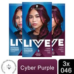 3x Schwarzkopf Live Intense Permanent Colour Hair Dye & Serum, 046 Cyber Purple